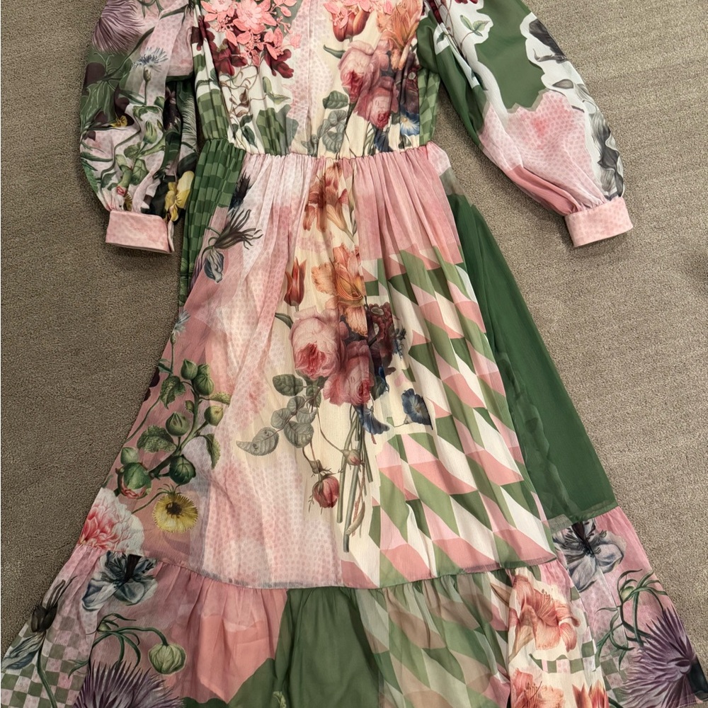 Floral Patchwork Maxi Dress - Pink and Green